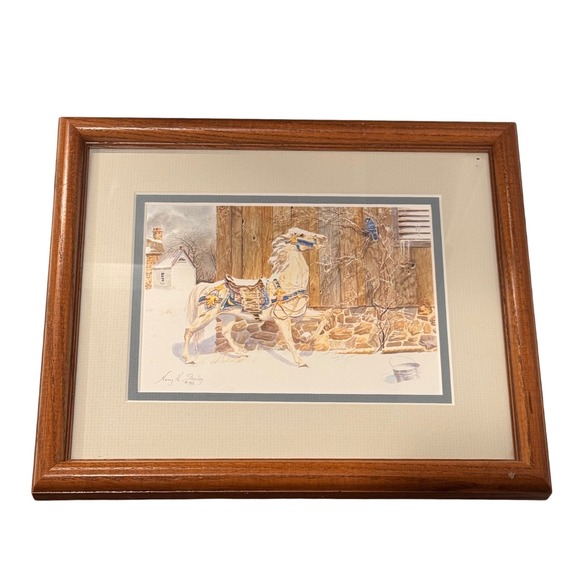 VTG Nancy Strainly Art‎ Framed Winter Horse Watercolor Painting Signed 1989